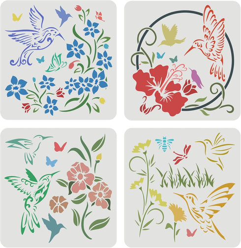 FINGERINSPIRE 4 Pcs Hummingbird Flowers Stencils 11.8x11.8inch Large Size Bird Floral Bee Dragonfly Butterfly Drawing Stencils Reusable Mylar DIY ...