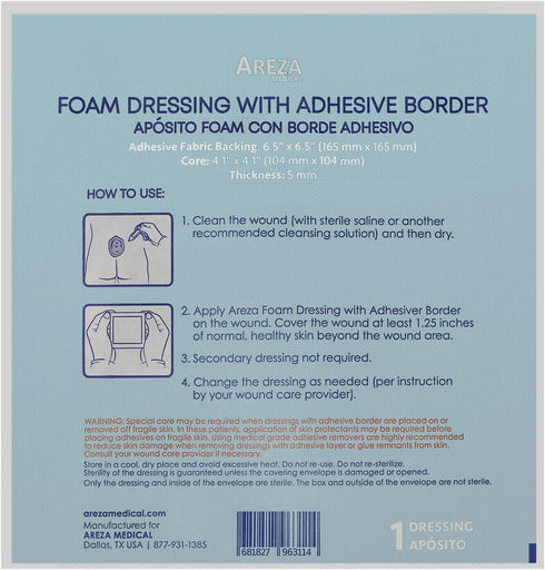 Areza Medical - Foam Wound Dressing Polyurethane - Sterile - 6.5" x 6.5" (16.5 cm x 16.5 cm) - Adhesive Border - 5 PCS - FSA/HSA Approved...