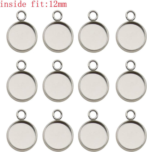50pcs Fit 12mm Stainless Steel Round Blank Bezel Pendant Trays Base Cabochon Settings Trays Pendant Blanks for Jewelry Making DIY Findings (10162-...