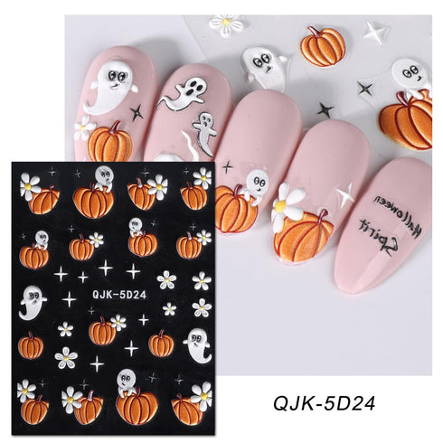 JMEOWIO 3D Embossed Halloween Nail Art Stickers Decals Self-Adhesive Pegatinas Uñas 5D Cute Pumpkin Ghost Flower Spook Nail Supplies Nail Art Desi...