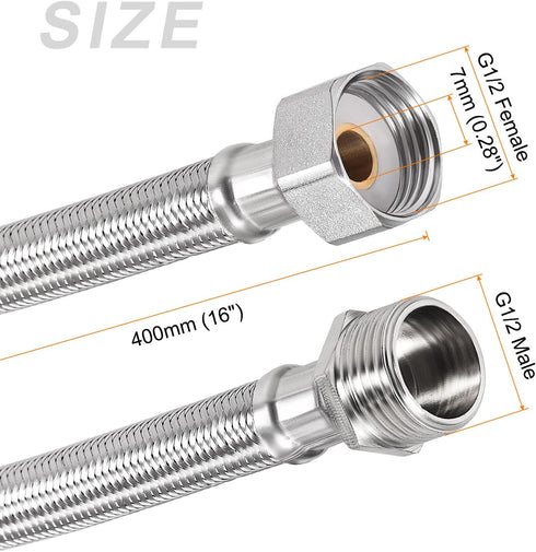 Faucet Supply Line Connector (400mm/16") 2Pcs, 304 Stainless Steel G1/2 Female to G1/2 Male Water Supply Hose Connector - for Kitchen Bathroom...