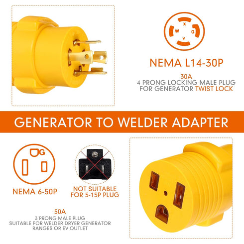 Generator to Welder Adapter Compatible with NEMA L14-30P to 6-50R 30 Amp 4 Prong Twist Lock Male Plug to 3 Prong Female Receptacle Adapter Dryer E...