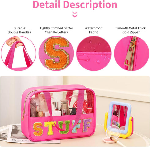 Chenille Letter Patch Clear Makeup Bag, Preppy Nylon Makeup Bag with Handle and Zipper, Waterproof Large Clear Travel Toiletry Bag Storage Bag for...