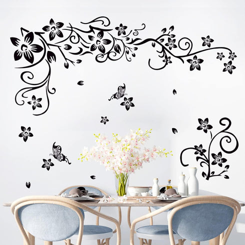 LiveGallery Removable Black Vinyl Flowers Wall Decals DIY Flower Vines and Butterfly Wall Stickers Decor Peel Stick Art Decoration for Teens Room ...