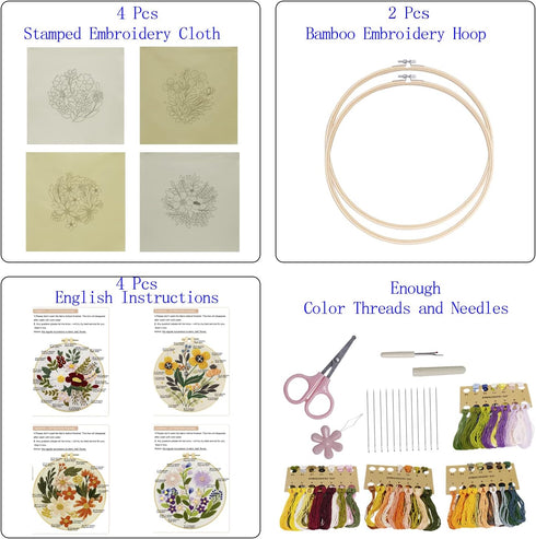 Bonroy 4 Sets Embroidery Kit for Beginners Art Craft Handy Sewing Include Embroidery Clothes with Pattern, Hoops, Instructions,Color Threads Needl...