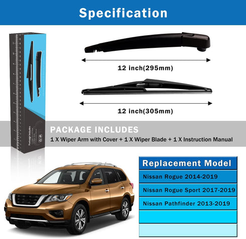 WTI Rear Wiper Arm Blade Set Compatible With Nissan Rogue 2014-2019 / Rogue Sport 2017-2019 / Pathfinder 2013-2019 Rear Windshield Window Wiper Ki...