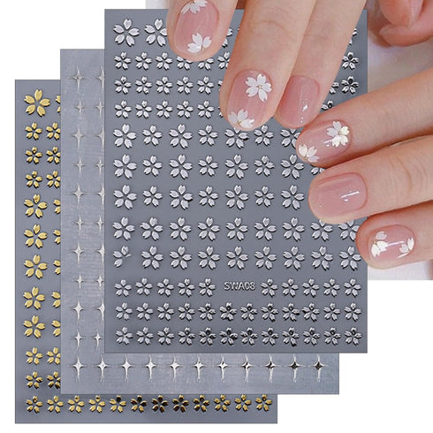 8 Sheets Metallic Flower Leaf Nail Art Stickers Five Petal Flower Star Nail Decals 3D Self Adhesive Gold Silver Petal Star Nail Designs Floral Nai...