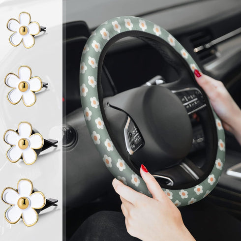 Frienda Cute Steering Wheel Cover Flower Steering Wheel Cover Floral Steering Wheel Cover for Girls with 4 Pieces Cute Flowers Car Air Vent Clips ...