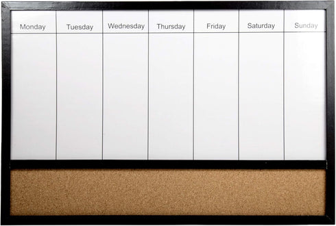 DESK TECH Multifunctional Weekly Planner - Half Dry Erase White Board with Cork Bulleting Board - 16 x 24 inches, Black Pinewood Wooden Frame - Ha...
