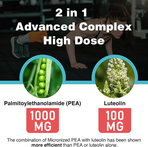 Liposomal Palmitoylethanolamide 1000 mg + Luteolin 100 mg, Micronized Pea 99% Highly Purified - Enhanced Absorption and Bioavailability, 60 Softge...