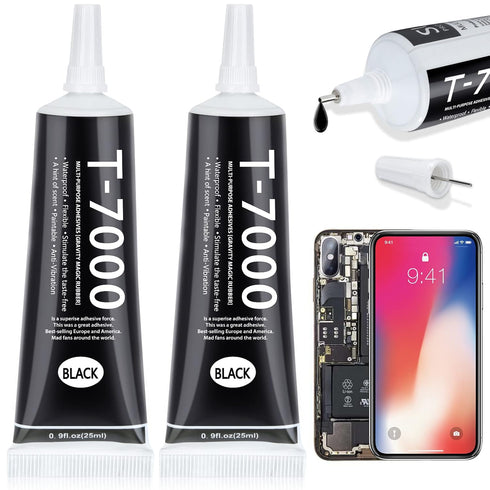 T7000 Black Glue for Phone Repair, 2 X 25 ML Semi Fluid Craft Glue T-7000 Adhesive Glue with Precision Tips for Fabric, Leather, Rubber Cement, To...