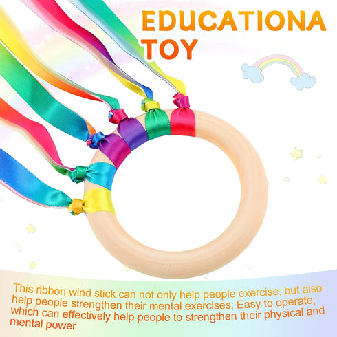 12 Pcs Rainbow Ribbon Wooden Waldorf Toys Creative Waldorf Hand Kite Set Streamers with Wood Ring Sensory Learning Educational Toy for Playroom Da...