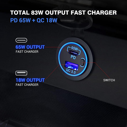 83W USB C Car Charger Socket 12V/24V Multiple USB Outlet with Power Switch, 65W PD3.0& QC3.0 Fast Charge Car USB Port Socket for Car Boat Marine T...