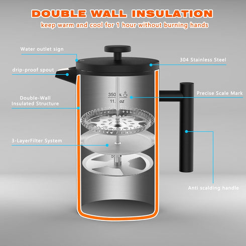French Press Coffee Maker?12OZ Double Wall Vacuum Insulated 304 Stainless Steel for Home, Camping and Office...