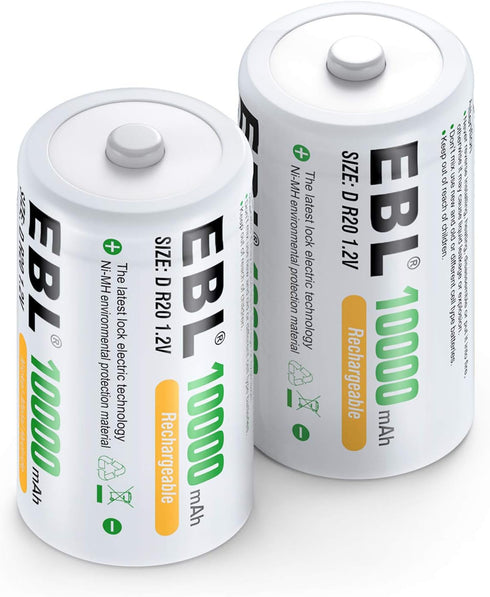 EBL D Size Rechargeable Batteries D Cell 10000mah NiMH Battery, 2 Counts...