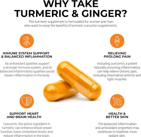 Organic Turmeric Curcumin 1950mg with Black Pepper, Ginger Supplement - 95% Standardized Curcuminoids - Turmeric Capsules, Natural Skin, Joint Sup...