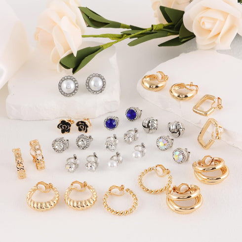 15 Pairs Clip On Earrings for Women Non Pierced Gold Sliver Cute Earrings Crystal Earrings Pearl Earrings Charming Fashion Chunky Hoop Earrings Se...