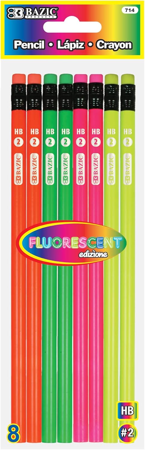 BAZIC Wood Pencil Neon Pencils, Latex Free Eraser, Unsharpened Rewards Pencil for Writing Drawing (8/Pack), 1-Pack...