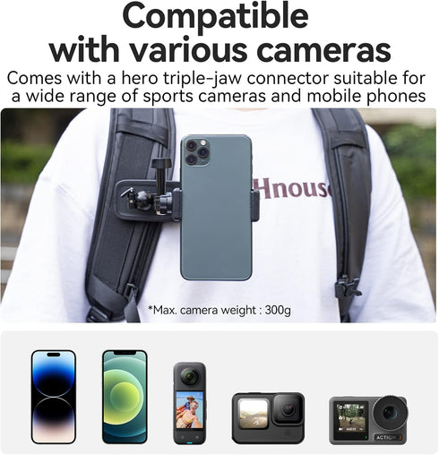 360° Swivel Backpack Clip Mount w Phone Holder, Bag Belt Shoulder Strap Body Attach Accessory for GoPro Max Hero 12 11 10 9 8 7 6 5, Insta360 X3 G...