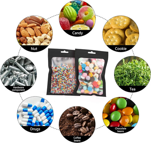 100 Pieces Resealable Mylar Bags with Clear Window Smell Proof Bags Packaging Bags Foil Pouch Zip Bags for Food Self Sealing Storage Supplies (Bla...