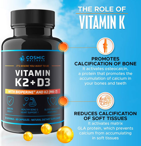 K2 D3 Vitamin Supplement 5000 Iu - For Healthier Bones, Blood, Heart, And Better Immunity - Enhanced Calcium Absorption With Bioperine - 100% Natu...