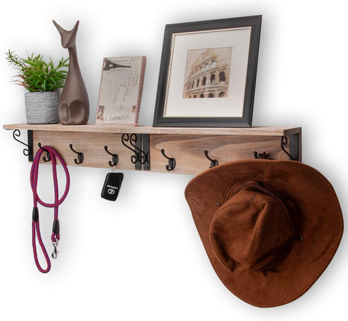 Spiretro Wall-Mounted Coat Hook Rack with Shelf - Set of 2 - Rustic Wood Grey - Entryway Mudroom Bathroom Organizer...