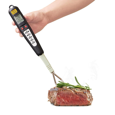 80-09 Digital Meat Instant Read Thermometer with LED Screen and Ready Alarm, Kitchen Probe with Long Fork for Grilling, Barbecue and Cookin, l, wh...