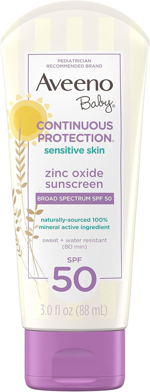 Aveeno Baby Continuous Protection Zinc Oxide Mineral Sunscreen Lotion for Sensitive Skin with Broad Spectrum SPF 50, Tear-Free, Sweat- & Water-Res...