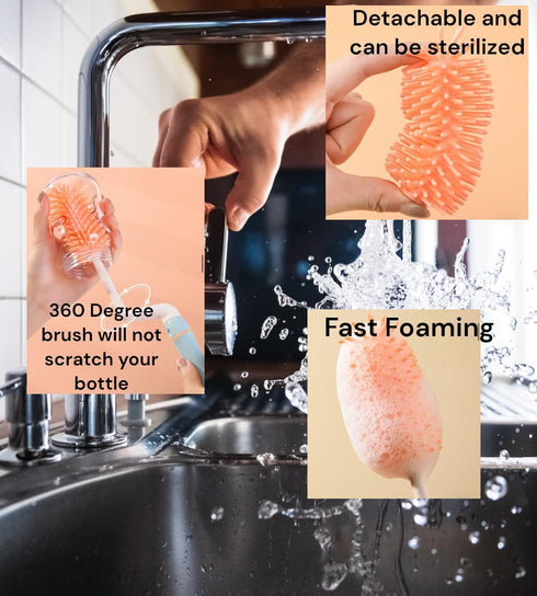Silicone Baby Bottle Brush Set with Stand, 360° Rotating Silicone Bottle Cleaning Brush Cleaner Set of 4, Multipurpose Silicone Baby Bottle Straw ...