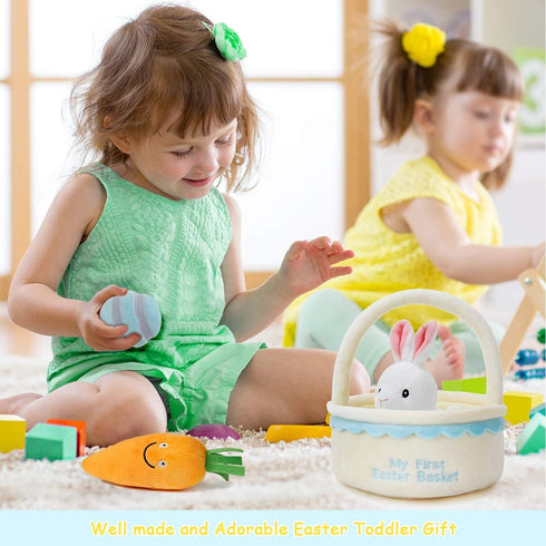 Baby's My First Easter Basket Playset Stuffed Plush Cartoon Bunny Toys Plush for Kids Boys Girls, 4 Pieces...