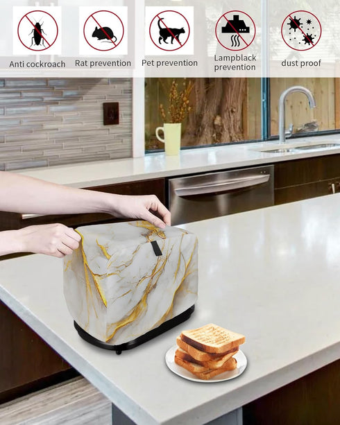 Toaster Dust Cover with Pockets, Marble White Grey Golden Abstract Art Texture Soft Washable 2 Slice Toaster Cover, Dust-proof Cover for Small App...