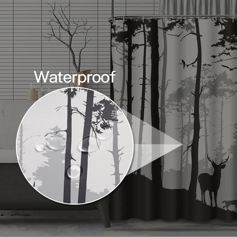 Decorative Shower Curtain Silhouette of Pine Forest Family Deer and Birds Brown 72"x78" Waterproof Tree Bathroom Shower Curtain Set with Hooks...