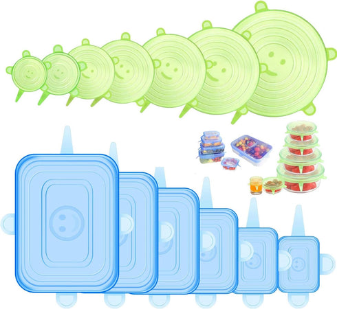 Silicone Stretch Lids, 12 Pcs Silicone Lids, 6 Sizes BPA-free Silicone Bowl Covers Reusable for Cups, Bowls and Dish, Flexible, Round and Rectangl...