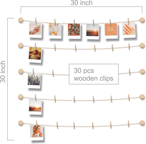 BIZYAC Hanging Photo Display Room Wall Decor - Sculptural Picture Frames Collage - 5 Strings with 30 Clips - 3M Self Adhesive Hooks - No Holes Dri...