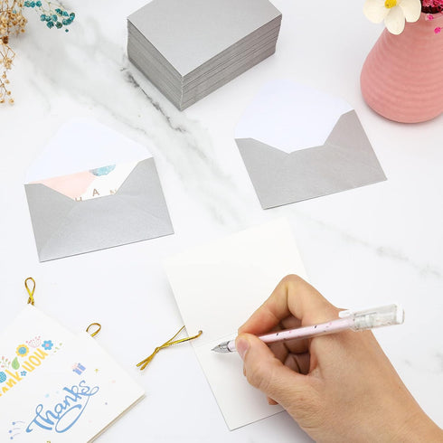 100 Pack 4 x 2.75" Mini Envelopes Metallic Silver 120GSM Gift Card Envelopes Bulk Small Paper Gift Card Sleeves Greeting Card Business Card Tiny E...