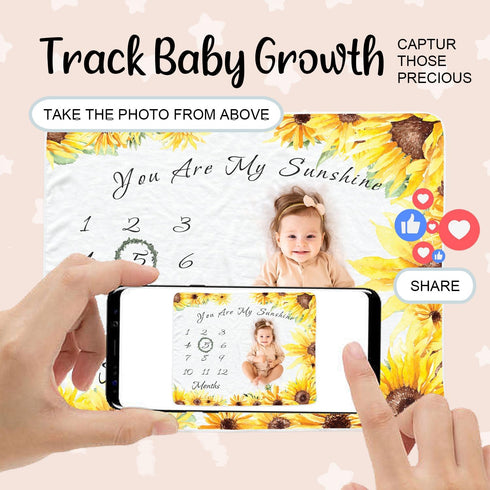 Sunflower Baby Monthly Milestone Blanket for Girls, Newborn Yellow Floral Month Blanket, Soft Flannel Photography Background Prop Blanket, Persona...