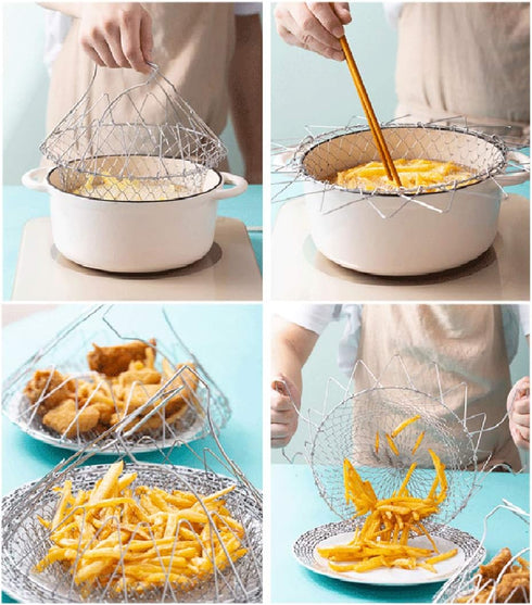 WAFJAMF Deep Fry Basket - 304 Stainless Steel - Multi-Function Foldable Chef Cooking Strainer, Flexible Kitchen Tool for Fried Food, Washing Fruit...