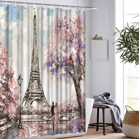 Paris Shower Curtain for Bathroom Sakura Landscape Pink Romantic Waterproof Fabric Curtain Decor with 12 Hooks 72x72 Inches...