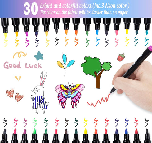 30 Fabric Markers Pens Set, 30 Colors Art Markers Set, Non Toxic, Indelible and Permanent Fabric Paint, Textile Marker Pen for T-shirt Fabric Bags...
