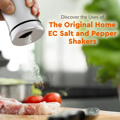 HOME EC Original Salt and Pepper Shakers Set with Adjustable Pour Holes - Glass and Stainless Steel Salt Shaker and Pepper Shaker - Farmhouse Spic...