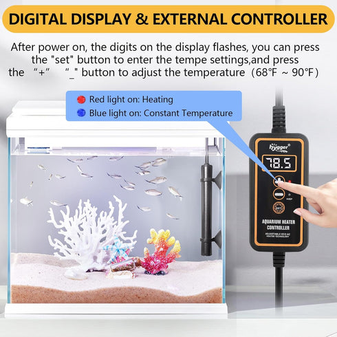 hygger Mini Submersible Aquarium Heater, Turtle and Betta Tank Heater with Digital Display/Five-Key External Controller Freshwater (75W-Digital)...