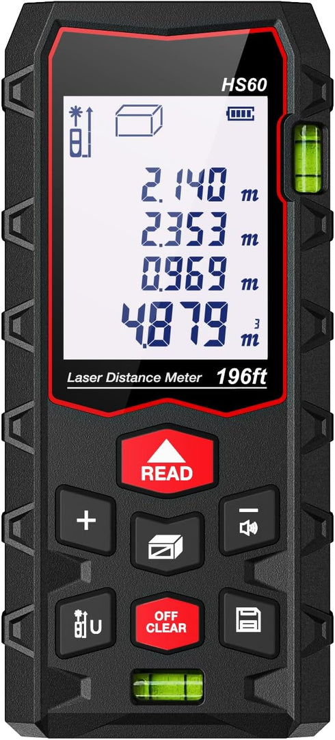 Laser Measure 196ft, Charcity Laser Distance Meter 60M(M/in/F) with 2 Bubble Levels, Mute Function IP54 Waterproof Large LCD Backlit, for Pythagor...