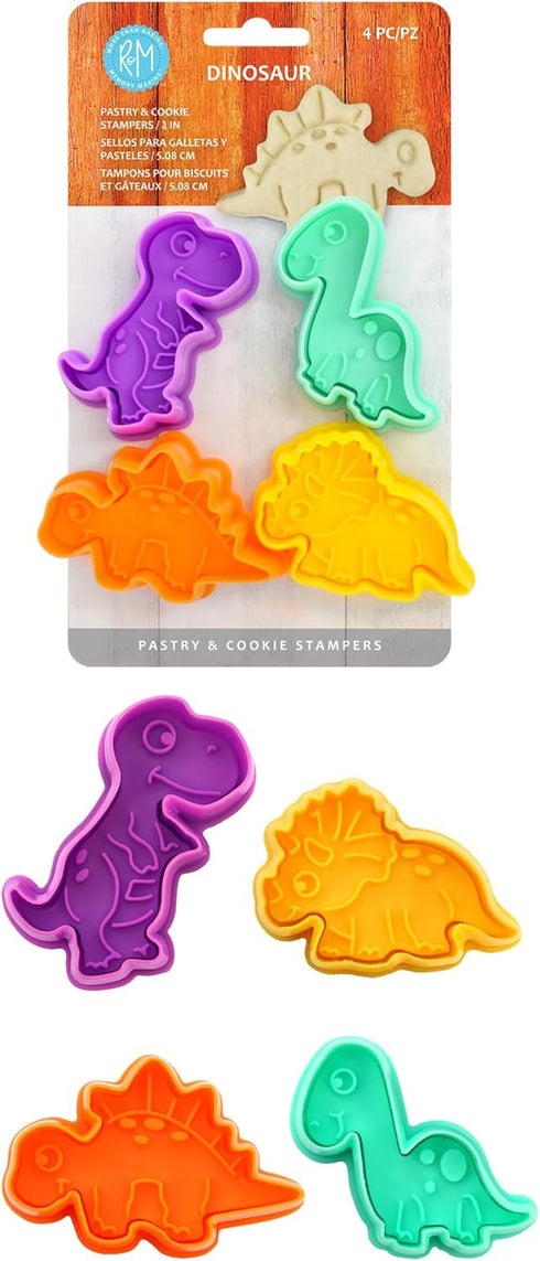 R&M Dinosaur Cookie Stamper, Baby Dinosaur Stamper, T-Rex, Stegosaurus, Triceratops, Brontosaurus, 2 Inch, 4 Piece Set, Assorted Colors...