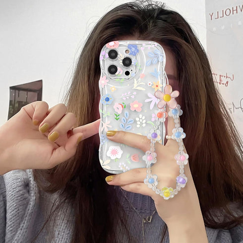 for iPhone 14 Pro Max Case, Cute Clear Colorful Flower Curly Wave Case with Lovely Flower Bracelet Chain for Women Girls Soft TPU Shockproof Bumpe...