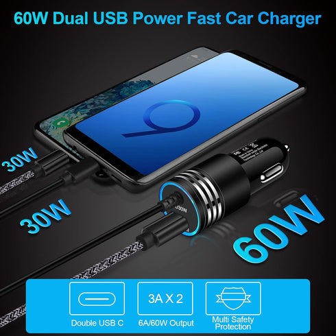 60W Super Fast Charging Android Car Charger Type C Rapid Samsung Car Charger with 3ft Built-in USB C Cable for Samsung Galaxy S24 Ultra S23 FE S22...