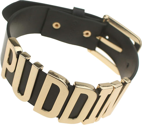 Adjustable Fashion High Neck Black Belt Letter Gold Puddin Choker Necklace Collar for Women Girls Adult Kids Prime (About 1.2 Inch Width)...