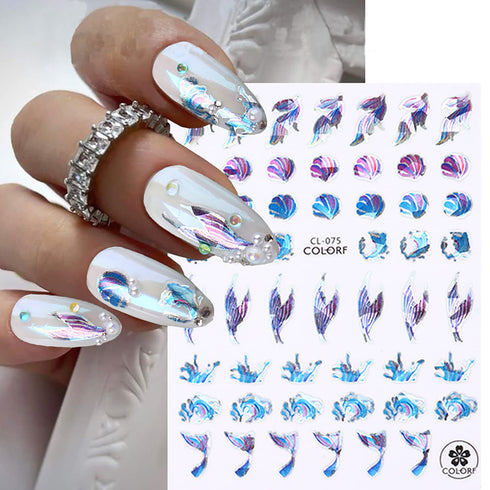 Sea Animals Nail Art Adhesive Sticker 3D Self-Adhesive Nail Decals Art Design Holographic Shell fish Jellyfish Nail Art Sticker Decoration for Wom...