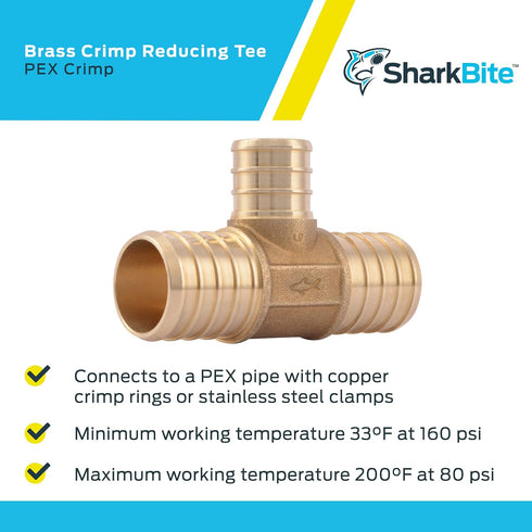 SharkBite 1 Inch x 1 Inch x 3/4 Inch Crimp Reducing Tee, Brass Plumbing Fitting, PEX Pipe, PE-RT, UC416LFA...