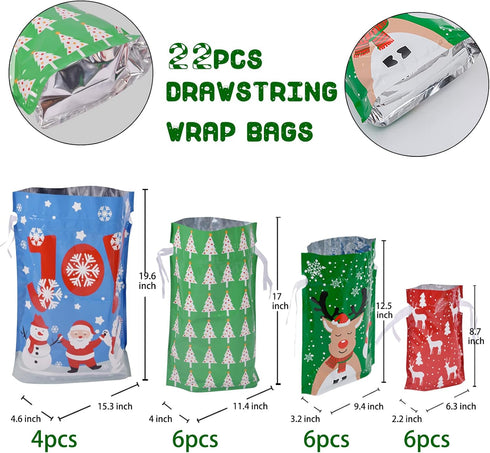 Christmas Gift Bags Assorted Sizes, 22pcs Drawstrings Christmas Bags For Gifts, Presents Wrapping Bags Favor Goody Bags Reusable Plastic Xmas Holi...