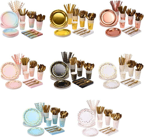 201 Black and Gold Party Supplies, Golden Dot Disposable Party Dinnerware - Black Paper Plates Napkins Cups, Gold Plastic Forks Knives Spoons for ...